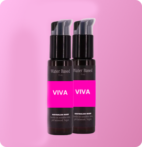 VIVA water-based lube and intimate cleaning spray bundle in black bottles with pink labels.