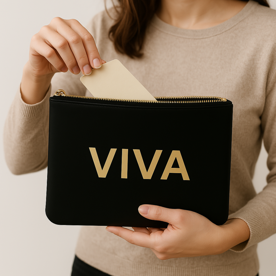 Viva Discreet Pouch in sleek black fabric, compact design for organized essentials, perfect for discreet carry.