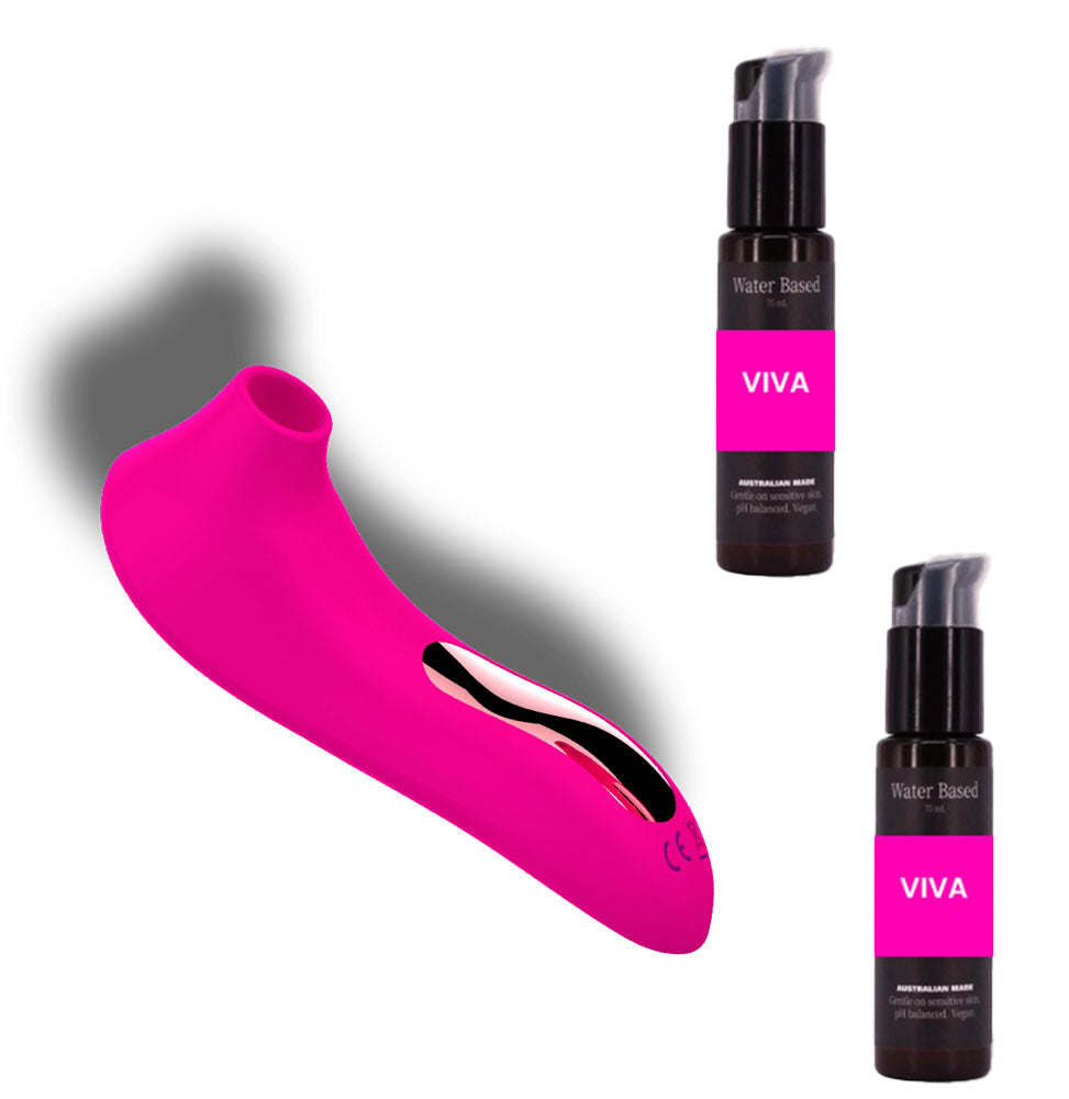 Pink silicone vibrator with curved design, accompanied by two VIVA water-based personal lubricants.