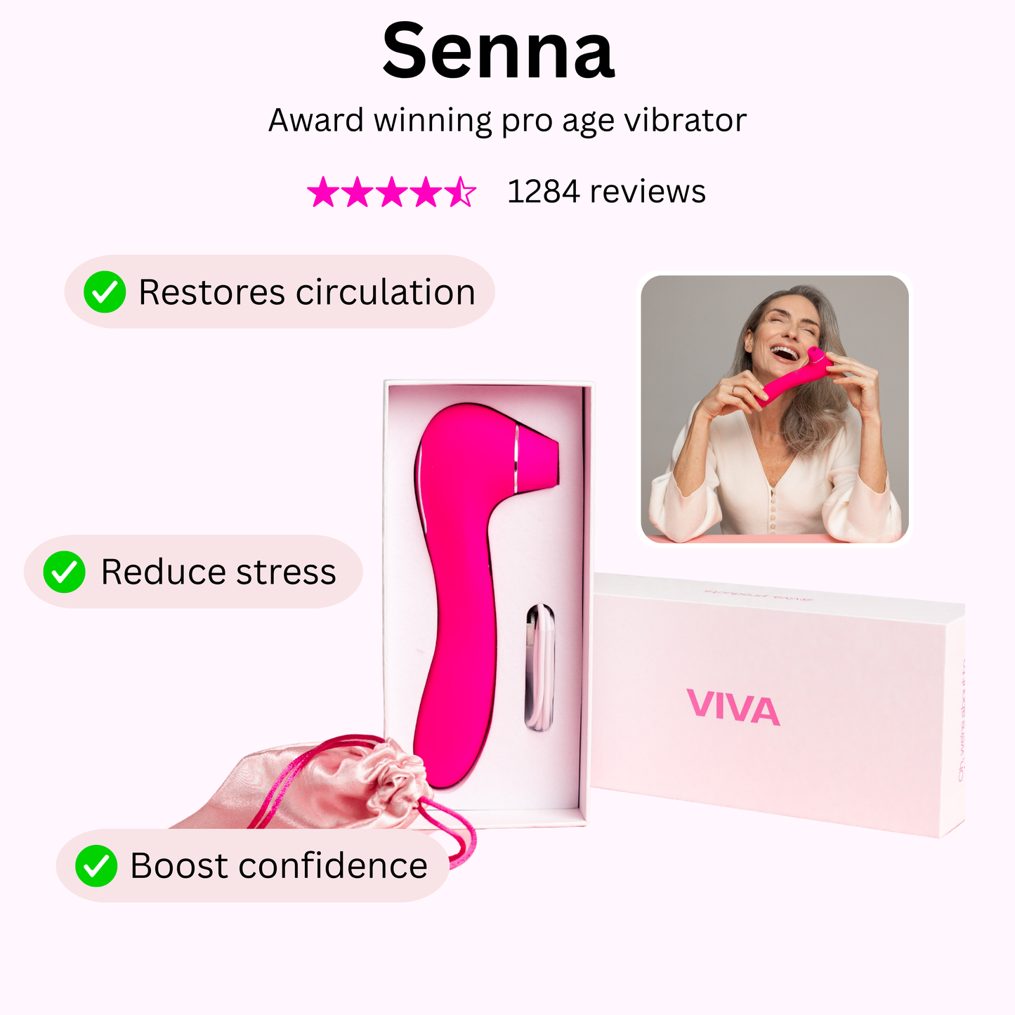 Senna Pro Age Premium Wellness Vibrator by savvy-viva in pink silicone, designed for stress relief and energy.