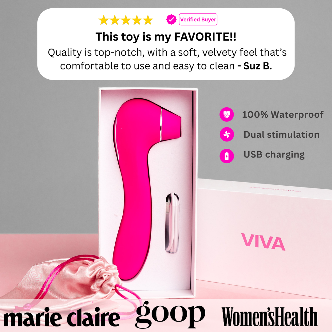 Pink waterproof personal massager with USB charging, packaged in a sleek box, by VIVA.