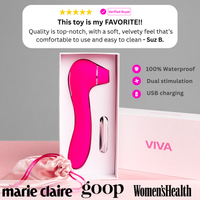 Pink waterproof personal massager with USB charging, packaged in a sleek box, by VIVA.