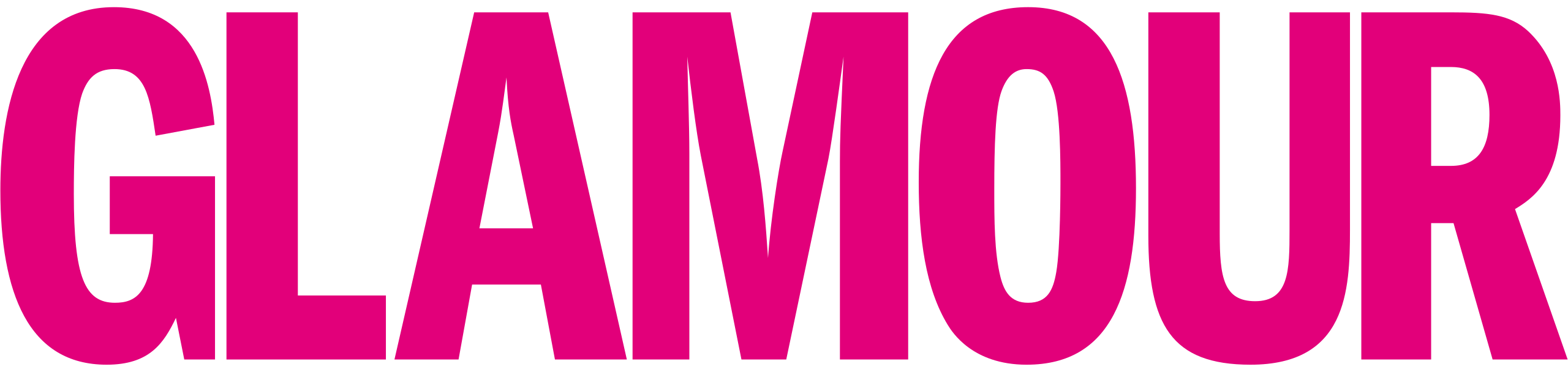 Bold pink "GLAMOUR" text logo on a black background.