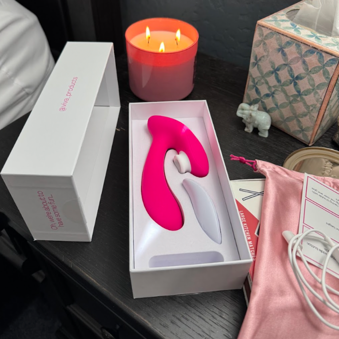 Purple silicone clitoral stimulator and vibrating dildo with remote control by Savvy-Viva, featuring 9 speed settings.