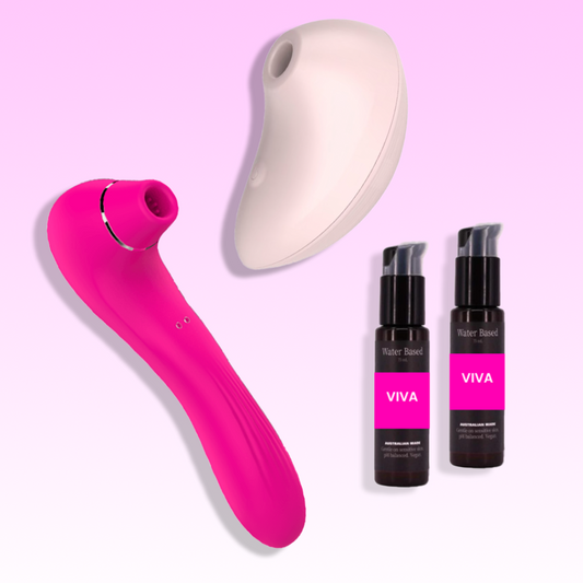 Pink clitoral stimulator and white air pressure toy with two VIVA water-based lube and cleaner bottles.