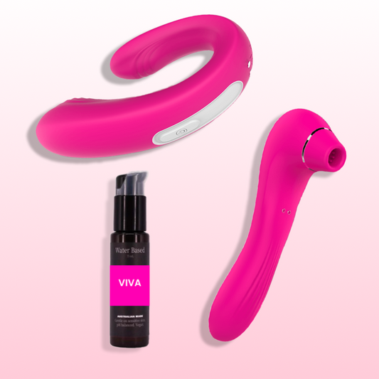Mr. & Mrs. Vibe 4-piece intimacy bundle with pink clitoral stimulator and water-based lubricant by VIVA.