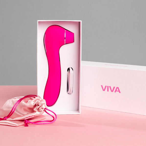 Pink clitoral stimulator in a gift box with VIVA branding, includes a satin storage pouch.