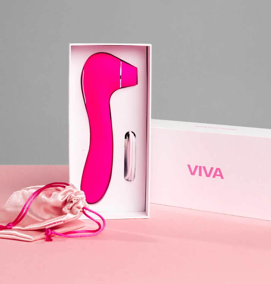 Pink clitoral stimulator in a gift box with VIVA branding, includes a satin storage pouch.