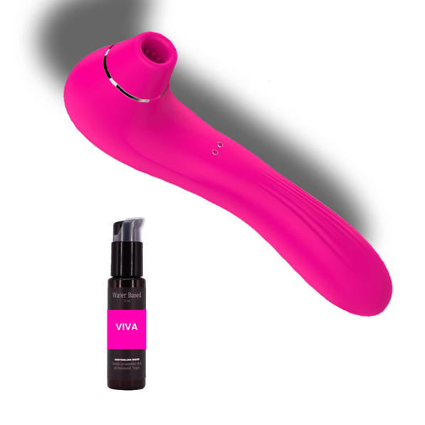 Pink dual stimulator from Savvy-Viva with clitoral suction and vibrating dildo features, 10 intensity levels