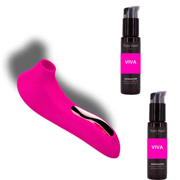 Pink silicone vibrator with curved design, accompanied by two VIVA water-based personal lubricants.