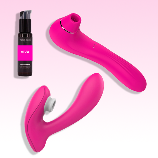 Pink dual stimulation vibrator and clitoral toy with water-based cleaner by VIVA.