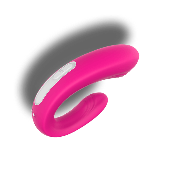 Pink silicone dual stimulation vibrator with remote, featuring 9 vibration patterns, by savvy-viva.